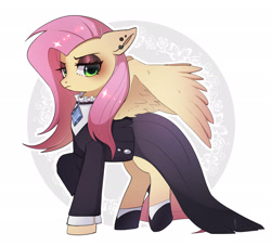 Size: 2200x2000 | Tagged: safe, artist:hosikawa, imported from derpibooru, fluttershy, pegasus, pony, clothes, ear piercing, eyeshadow, female, fluttergoth, frown, high res, lidded eyes, makeup, mare, partially open wings, piercing, raised hoof, signature, solo, wings, wrong eye color
