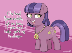 Size: 2340x1719 | Tagged: safe, artist:heretichesh, imported from derpibooru, oc, oc only, oc:sleepy swirl, earth pony, pony, amulet, dialogue, female, filly, foal, jewelry, smiling, solo, text