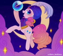 Size: 720x640 | Tagged: safe, artist:hosikawa, imported from derpibooru, pinkie pie, earth pony, pony, friendship is witchcraft, animated, clothes, cloud, crescent moon, crystal ball, ear piercing, earring, female, gypsy bard, gypsy pie, hat, jewelry, mare, moon, music, night, night sky, open mouth, piercing, scarf, shooting star, sky, solo, sound, webm