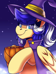 Size: 1200x1575 | Tagged: safe, artist:shadowreindeer, imported from derpibooru, oc, oc:animatedpony, pegasus, pony, boosty reward, bust, clothes, costume, eye clipping through hair, female, halloween, halloween costume, holiday, hoof hold, looking at you, mare, portrait, smiling, solo