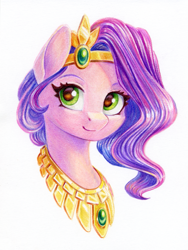 Size: 903x1200 | Tagged: safe, artist:maytee, imported from derpibooru, pipp petals, pegasus, pony, adorapipp, bust, colored pencil drawing, crown, cute, female, g5, jewelry, looking at you, mare, necklace, portrait, regalia, simple background, smiling, solo, traditional art, white background