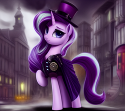 Size: 1152x1024 | Tagged: safe, imported from derpibooru, starlight glimmer, pony, unicorn, ai assisted, ai content, clothes, dress, female, generator:pony diffusion v1, generator:stable diffusion, hat, looking at you, mare, prompter:siber, raised hoof, raised leg, smiling, solo, steampunk, top hat