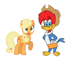 Size: 753x628 | Tagged: safe, edit, editor:orangetoastpony35, imported from derpibooru, applejack, bird, earth pony, pony, applejack's hat, clothes, cowboy hat, crossover, cute, duo, female, frown, g4, hat, hatless, jackabetes, mare, missing accessory, shocked, simple background, skirt, smiling, the new woody woodpecker show, white background, winnie woodpecker, woodpecker, woody woodpecker (series)