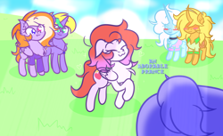 Size: 4040x2480 | Tagged: safe, artist:iceflower99, imported from derpibooru, oc, oc only, oc:buggy brush, oc:darky spell, oc:foggy bismuth, oc:june griffon, oc:sunrise goldhearts, oc:zweet beatz, demon, demon pony, griffon, original species, pegasus, pony, unicorn, blushing, chest fluff, choker, clothes, curved horn, daemonequus, ear fluff, eyes closed, fanfic, fanfic art, floppy ears, griffon oc, horn, jewelry, necklace, pegasus oc, pouch, prancing, shirt, sweater, t-shirt, unicorn oc