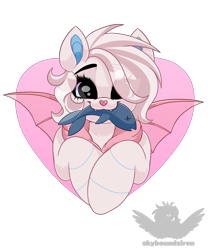 Size: 2000x2400 | Tagged: safe, artist:skyboundsiren, imported from derpibooru, oc, oc only, oc:kite the bat, bat pony, fish, colored pinnae, commission, cute, cute little fangs, fangs, female, hair over one eye, halfbody, heart, heart nose, looking at you, mouth hold, simple background, smiling, smiling at you, solo, spread wings, transparent background, transparent wings, wings