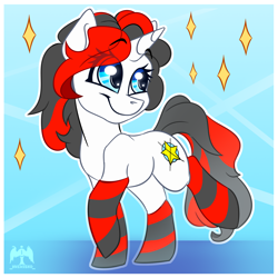 Size: 2000x2000 | Tagged: safe, artist:kwiateko, imported from derpibooru, oc, oc:starforce fireline, pony, unicorn, blue background, blue eyes, chibi, clothes, commission, cute, female, full body, gray and red hair, horn, simple background, socks, solo, sparkles, stockings, striped socks, thigh highs, unicorn oc, walking, white pony