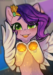Size: 2480x3508 | Tagged: safe, artist:auroracursed, imported from derpibooru, pipp petals, pegasus, pony, blushing, colored hooves, female, flying, g5, gold hooves, hooves, looking at you, mare, open mouth, open smile, smiling, smiling at you, solo, sparkles, underhoof, windswept mane