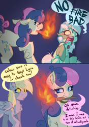 Size: 3640x5200 | Tagged: safe, artist:witchtaunter, imported from derpibooru, bon bon, derpy hooves, lyra heartstrings, sweetie drops, earth pony, pegasus, pony, unicorn, angry, bon bon is not amused, comic, faic, floppy ears, frankenlyra, frankenpony, frankenstein's monster, g4, gradient background, halloween, holiday, l.u.l.s., mlp fim's twelfth anniversary, scared, simple background, sitting, speech bubble, stitches, torch, unamused, yelling