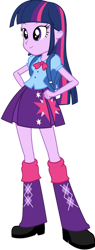 Size: 552x1447 | Tagged: safe, artist:ytpinkiepie2, imported from derpibooru, twilight sparkle, human, equestria girls, backpack, bowtie, clothes, cutie mark on clothes, hand on hip, leg warmers, shirt, shoes, simple background, skirt, solo, transparent background, vector