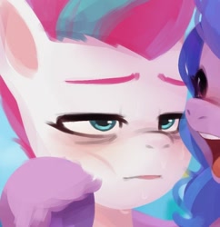 Size: 842x870 | Tagged: safe, artist:maren, imported from derpibooru, izzy moonbow, zipp storm, pegasus, pony, unicorn, bracelet, cropped, female, g5, jewelry, lidded eyes, mare, meme, open mouth, ponified meme, unamused, zipp storm is not amused