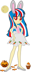 Size: 1106x2459 | Tagged: safe, artist:mapleb, imported from derpibooru, oc, oc only, oc:bleach pone, human, rabbit, animal, bunny ears, candy, clothes, commission, cupcake, dress, female, flats, food, halloween, holiday, humanized, humanized oc, jack-o-lantern, moon, multicolored hair, pumpkin, shoes, simple background, solo, transparent background