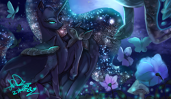 Size: 4795x2755 | Tagged: safe, artist:radomartxx01, imported from derpibooru, nightmare moon, alicorn, butterfly, insect, moth, pony, snake, cape, clothes, commission, ethereal mane, female, flower, forest, mare, mushroom, nicemare moon, night, signature, smiling, solo
