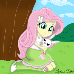 Size: 900x900 | Tagged: safe, artist:mlplary6, imported from derpibooru, angel bunny, fluttershy, human, equestria girls, carrying, female, looking at you, sitting, smiling, smiling at you, tree