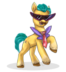 Size: 1024x1120 | Tagged: safe, artist:zsnowfilez, imported from derpibooru, hitch trailblazer, earth pony, pony, clothes, costume, fake moustache, g5, male, nightmare night costume, simple background, solo, stallion, sunglasses, transparent background