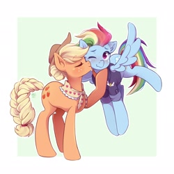 Size: 2048x2048 | Tagged: safe, artist:applesartt, imported from derpibooru, applejack, rainbow dash, earth pony, pegasus, pony, the last problem, appledash, applejack's hat, blushing, braid, braided tail, cheek kiss, clothes, cowboy hat, female, floating, freckles, granny smith's shawl, hat, hoof on chin, kissing, lesbian, mare, older, older applejack, older rainbow dash, scarf, shipping, spread wings, tail, wings