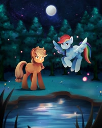 Size: 1642x2048 | Tagged: safe, artist:applesartt, imported from derpibooru, applejack, rainbow dash, earth pony, pegasus, pony, applejack's hat, cowboy hat, duo, female, floating, flying, forest, freckles, full moon, hat, mare, moon, night, night sky, pond, sky, spread wings, water, wide eyes, wings