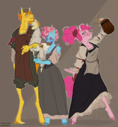 Size: 2780x3000 | Tagged: safe, artist:leonerdman, imported from derpibooru, carrot cake, cup cake, pinkie pie, pound cake, pumpkin cake, anthro, earth pony, unguligrade anthro, apron, cake twins, clothes, corset, dress, female, male, ponytail, siblings, tankard, twins