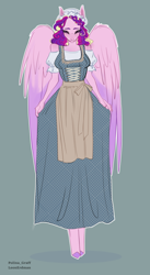 Size: 1532x2800 | Tagged: safe, artist:leonerdman, imported from derpibooru, princess cadance, anthro, pegasus, unguligrade anthro, apron, bonnet, clothes, dress, missing horn, pegasus cadance, solo, younger