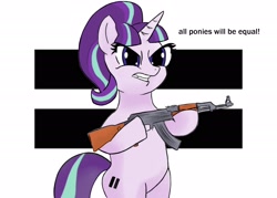 Size: 2048x1470 | Tagged: safe, artist:fizzlepopsunset, imported from derpibooru, starlight glimmer, pony, unicorn, ak-47, assault rifle, bipedal, equal sign, female, gun, hoof hold, rifle, s5 starlight, simple background, weapon, white background