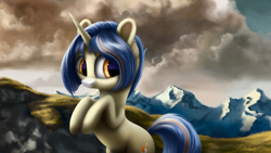 Size: 4000x2250 | Tagged: safe, artist:flusanix, imported from derpibooru, oc, oc only, pony, unicorn, female, horn, mountain, scenery, solo, unicorn oc