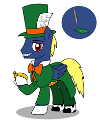 Size: 2160x2650 | Tagged: safe, artist:metal-jacket444, imported from derpibooru, pegasus, pony, batman, bowtie, circuit board, clothes, cutie mark, dc comics, hat, jervis tetch, mad hatter, mad hatter (dc comics), pocket watch, ponified, simple background, sodering iron, solo, suit, top hat, watch, white background