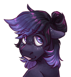 Size: 925x997 | Tagged: safe, artist:eggoatt, imported from twibooru, oc, oc only, oc:dusken tale, earth pony, pony, bun, bust, female, floppy ears, freckles, grin, image, mare, png, portrait, simple background, smiling, solo, transparent background