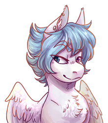 Size: 1106x1257 | Tagged: safe, artist:eggoatt, imported from twibooru, oc, oc only, oc:snow storm, pegasus, pony, bust, ear piercing, earring, heterochromia, image, jewelry, male, piercing, png, raised eyebrow, simple background, solo, stallion, transparent background