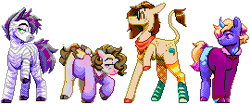 Size: 270x112 | Tagged: safe, artist:eggoatt, imported from twibooru, oc, oc only, oc:delilah, oc:nku, oc:pork soda, oc:sonic raygun, earth pony, pegasus, pony, unicorn, zebra, clothes, hoodie, image, leonine tail, png, profile, raised hoof, scarf, shoes, simple background, transparent background