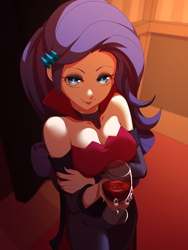 Size: 1200x1600 | Tagged: safe, artist:rockset, imported from ponybooru, rarity, human, undead, vampire, equestria girls, alcohol, clothes, costume, halloween, halloween costume, humanized, solo, wine
