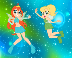 Size: 3496x2784 | Tagged: safe, artist:hellocindyfan, artist:noreentheartist, imported from derpibooru, fairy, human, equestria girls, barely eqg related, base used, bloom (winx club), blue background, blue wings, boots, cindy vortex, clothes, crossover, crown, equestria girls style, equestria girls-ified, fairy wings, fairyized, fingerless gloves, flying, gloves, gradient background, green background, green dress, high heel boots, high heels, jewelry, jimmy neutron, looking at you, magic winx, open mouth, regalia, shoes, simple background, smiling, sparkles, sparkly background, teal background, wings, winx, winx club, winxified, wristband