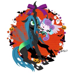 Size: 766x766 | Tagged: safe, artist:efuji_d, imported from derpibooru, princess flurry heart, queen chrysalis, alicorn, changeling, changeling queen, ghost, pony, undead, auntie chrissy, baby, baby pony, blue blush, blush sticker, blushing, clothes, cookie, costume, crown, cute, duo, eyes closed, female, filly, flurrybetes, foal, food, g4, halloween, halloween costume, hat, heart, holiday, horn, horn sock, jack-o-lantern, jewelry, open mouth, open smile, pumpkin, regalia, smiling, socks, wavy mouth, witch hat