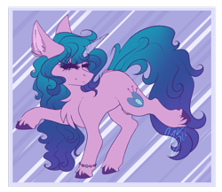 Size: 1553x1346 | Tagged: safe, artist:ezzerie, imported from derpibooru, izzy moonbow, pony, unicorn, bracelet, chest fluff, dancing, ear fluff, eyes closed, female, friendship bracelet, g5, jewelry, mare, solo, unshorn fetlocks