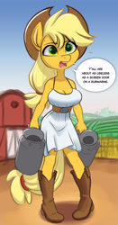 Size: 1516x2890 | Tagged: safe, artist:siroc, imported from derpibooru, applejack, anthro, earth pony, plantigrade anthro, 2022, annoyed, big breasts, boots, breasts, busty applejack, cleavage, clothes, cowboy boots, cowboy hat, dialogue, dress, farm, featured image, female, hat, milk jug, open mouth, pigeon toed, sexy, shoes, solo, speech bubble, stupid sexy applejack, sweat, white dress, working