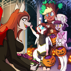 Size: 2000x2000 | Tagged: safe, artist:kennzeichen, imported from derpibooru, oc, oc only, oc:cedar pyrite, oc:ember rose, oc:scarlet quill, oc:violet spinel, anthro, bat pony, bugbear, dracony, dragon, hybrid, unguligrade anthro, anthro oc, bat pony oc, bowl, breasts, candy, clothes, colt, commission, costume, digital art, dracony oc, dress, fangs, female, filly, foal, food, freckles, halloween, halloween 2022, halloween costume, hat, holiday, jack-o-lantern, jewelry, mad hatter, male, mare, morticia addams, necklace, nightmare night, nightmare night 2022, nightmare night costume, pumpkin, pumpkin bucket, slit pupils, smiling, spider web, tree, tree costume, trick or treat