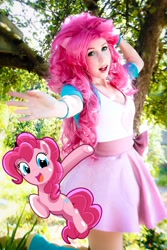 Size: 1366x2048 | Tagged: safe, artist:clefchan, imported from derpibooru, pinkie pie, human, pony, equestria girls, clothes, cosplay, costume, human ponidox, irl, irl human, photo, self paradox, self ponidox