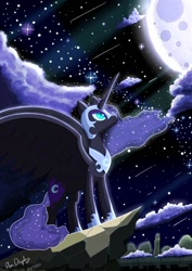 Size: 1080x1528 | Tagged: safe, artist:pen display, imported from derpibooru, nightmare moon, alicorn, pony, cloud, drawing, female, frown, looking up, mare, moon, night, shooting star, signature, solo, spread wings, wings