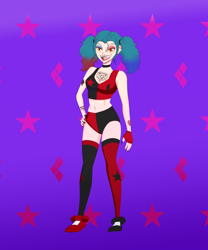 Size: 2500x3000 | Tagged: safe, artist:notoriousskullman, derpibooru exclusive, imported from derpibooru, oc, oc only, oc:candy fae, human, alternate hairstyle, belly button, boots, choker, clothes, converse, cosplay, costume, dc comics, ear piercing, earring, eyeshadow, fangs, female, fingerless gloves, gloves, grin, halloween, halloween costume, harley quinn, harley quinn (2019), humanized, humanized oc, jewelry, lip piercing, makeup, midriff, nail polish, nose piercing, nose ring, open mouth, piercing, shoes, shorts, smiling, solo, sports bra, sports shorts, stockings, thigh highs, tongue piercing