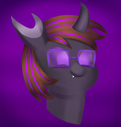 Size: 2170x2267 | Tagged: safe, artist:bezierballad, imported from derpibooru, oc, oc:bezier, changeling, bust, changeling oc, female, glasses, portrait, purple background, purple changeling, simple background, solo