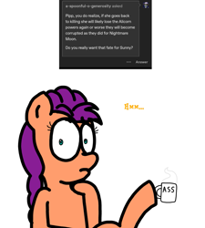 Size: 1275x1414 | Tagged: safe, artist:professorventurer, imported from derpibooru, sunny starscout, earth pony, pony, series:ask pippamena, female, g5, meme, mug, simple background, solo, thinking foot, vulgar, white background