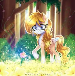 Size: 2240x2272 | Tagged: safe, artist:opal_radiance, imported from derpibooru, oc, oc only, pegasus, pony, beautiful, bush, coat markings, colored wings, commission, crepuscular rays, flower, forest, forest background, lighting, multicolored wings, pale belly, pegasus oc, scenery, socks (coat markings), solo, wings