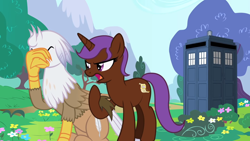 Size: 1280x720 | Tagged: safe, artist:mlp-silver-quill, imported from derpibooru, oc, oc:eliyora, oc:silver quill, after the fact, after the fact:it ain't easy being breezies, doctor who, facepalm, flower, hair lock, tardis, tree