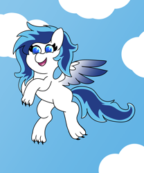 Size: 5000x6000 | Tagged: safe, artist:eminent entropy, imported from derpibooru, oc, oc only, oc:aurora, pegasus, pony, wolf, wolf pony, claws, cloud, colored wings, flying, happy, paws, sky, smiling, solo, spread wings, two toned wings, wings