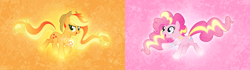 Size: 4000x1125 | Tagged: safe, artist:orin331, imported from derpibooru, applejack, pinkie pie, earth pony, pony, cowboy hat, floating, flowing mane, glowing, glowing hooves, hat, magic, open mouth, rainbow power, redesign, ribbon, simple background, stetson