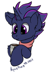 Size: 1241x1868 | Tagged: safe, artist:aquamuro, imported from derpibooru, oc, oc only, oc:astral aegis, pony, unicorn, bust, chocolate, clothes, cute, fluffy, food, holding, hot chocolate, male, mug, scarf, signature, simple background, sketch, solo, stallion, transparent background