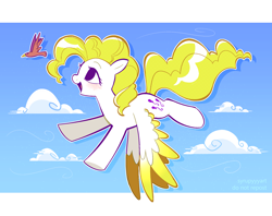 Size: 2184x1728 | Tagged: safe, artist:syrupyyy, imported from derpibooru, surprise, bird, pegasus, pony, colored wings, colored wingtips, female, flying, g1, g1 to g4, g4, generation leap, looking up, mare, open mouth, open smile, ponytober, smiling, solo, wings