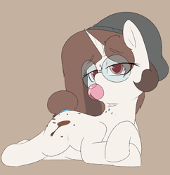 Size: 1822x1886 | Tagged: safe, artist:chaosllama, imported from derpibooru, oc, oc:mocha bean macchiato, pony, unicorn, beanie, bedroom eyes, female, food, glasses, gum, hat, looking at you, mare, solo