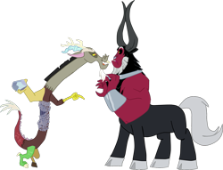 Size: 1129x861 | Tagged: safe, artist:nukarulesthehouse1, imported from derpibooru, discord, lord tirek, centaur, draconequus, taur, the ending of the end, arms, beard, chains, duo, facial hair, full body, gem, horns, male, mocking, paint tool sai, rock, shocked, simple background, transparent background, vector, vector trace