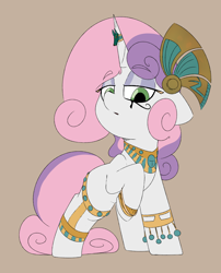 Size: 1854x2295 | Tagged: safe, artist:chaosllama, imported from derpibooru, sweetie belle, pony, unicorn, blank flank, clothes, egyptian, egyptian headdress, female, jewelry, looking at you, makeup, mare, ring, solo