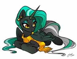 Size: 4096x3140 | Tagged: safe, artist:opalacorn, imported from derpibooru, oc, oc only, oc:obsidian (m00n13aby), alicorn, pony, alicorn oc, clothes, ear piercing, earring, eyeshadow, female, high res, horn, jewelry, makeup, mare, piercing, scarf, signature, simple background, solo, striped scarf, white background, wings