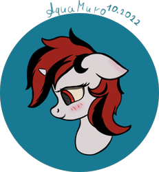 Size: 1944x2105 | Tagged: safe, alternate version, artist:aquamuro, imported from derpibooru, oc, oc only, oc:blackjack, pony, unicorn, fallout equestria, fallout equestria: project horizons, abstract background, blushing, bust, cute, fanfic art, female, horn, mare, signature, simple background, sketch, small horn, smiling, solo, style emulation, transparent background, two toned mane, unicorn oc